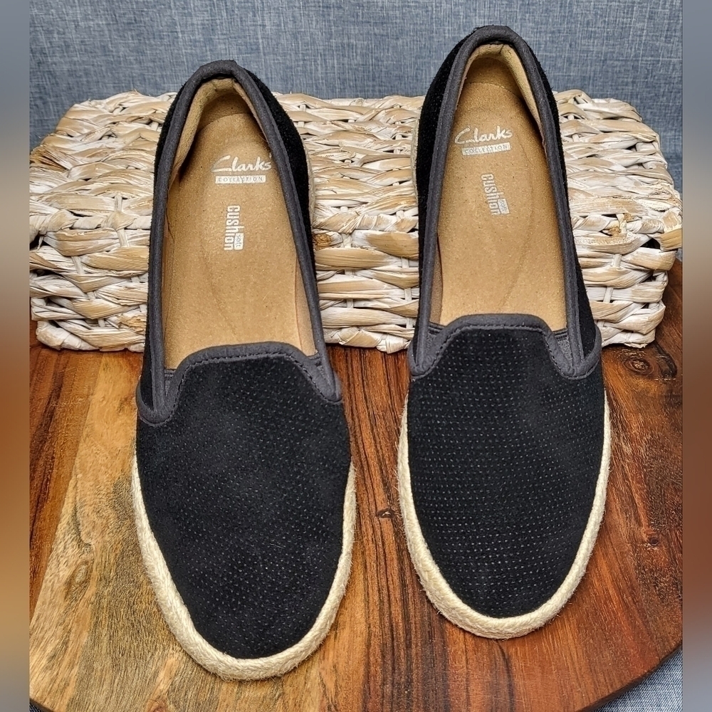 Espadrille Slip-On Breathable Suede Cushion Clark's Azella Black Women's 7.5